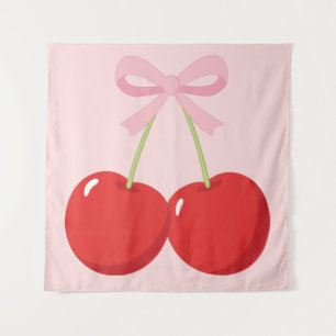 Rote Kirschen mit rosa Bow Coquette Hütte Chic Wandteppich