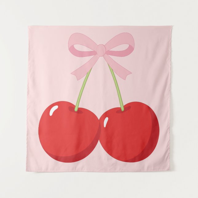 Rote Kirschen mit rosa Bow Coquette Hütte Chic Wandteppich (Vorderseite)