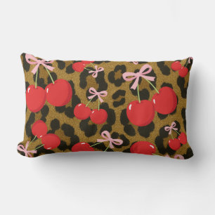 Rote Kirschen mit rosa Bow Coquette Leopard Print Lendenkissen