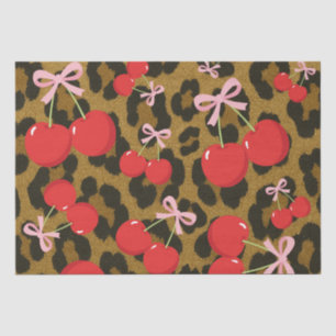 Rote Kirschen mit rosa Bow Coquette Leopard Print Seidenpapier