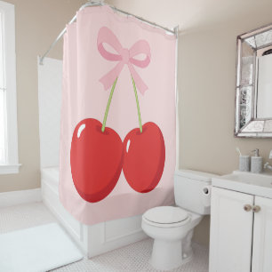 Rote Kirschen mit rosa Schleife Coquette Cottage C Duschvorhang