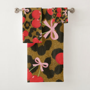 Rote Kirschen mit rosa Schleife Coquette-Leoparden Badhandtuch Set