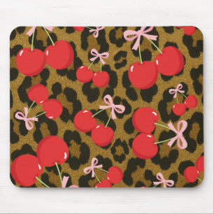 Rote Kirschen mit rosa Schleife Coquette-Leoparden Mousepad