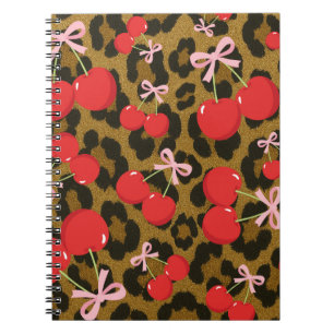 Rote Kirschen mit rosa Schleife Coquette Leoparden Notizblock