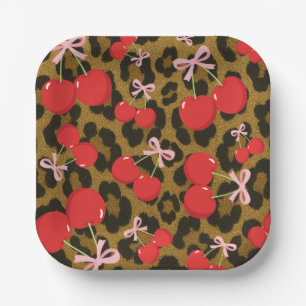 Rote Kirschen mit rosa Schleife Coquette-Leoparden Pappteller