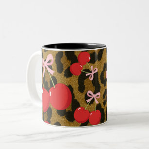 Rote Kirschen mit rosa Schleife Coquette-Leoparden Zweifarbige Tasse