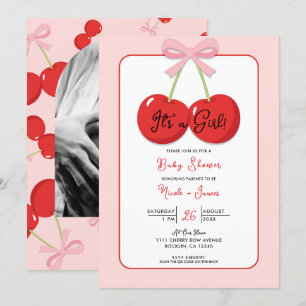 Rote Kirschen mit rosa Schleife Kokette Babyparty Einladung