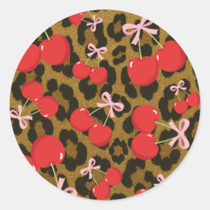 Rote Kirschen mit rosa Schleife Kokette Leopardenp Runder Aufkleber