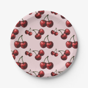 Rote Kirschen Rosa Retro-Party Pappteller