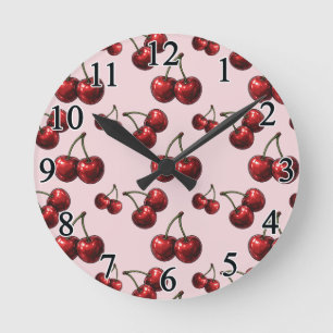 Rote Kirschen Rosa Retroglanz Runde Wanduhr