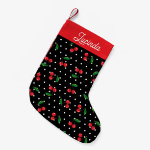 Rote Kirschen und Polka Dots Retro 1950er Schwarz Kleiner Weihnachtsstrumpf