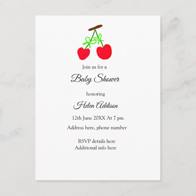 Rote Kirschenbrust mit QR Babydusche Ankündigungspostkarte (Vorderseite)