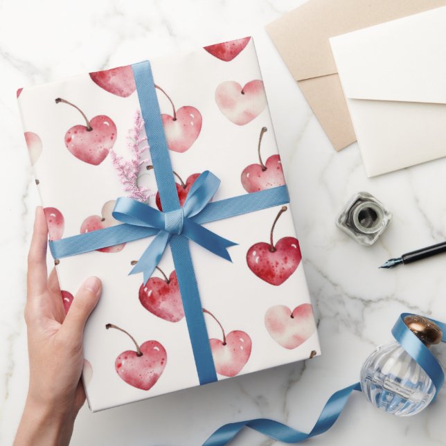 Rote Kirschenherzen Valentinstag Geschenkpapier (Schenken)