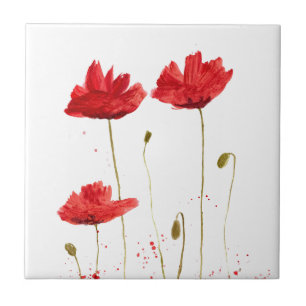 Rote Klatschmohnblumen Aquarell Blumen rustikal  Fliese