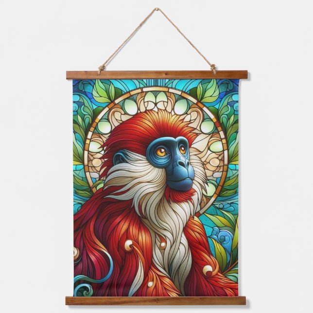 ROTE KOLOBUS-MONKEY-WALL-TAPESTRIE WANDTEPPICH MIT HOLZRAHMEN (Vorderseite)