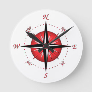 Rote Kompassrose Runde Wanduhr