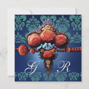 ROTE KORALE ROSE, AQUA BLAU GOLD DAMASK MONOGRAMM EINLADUNG
