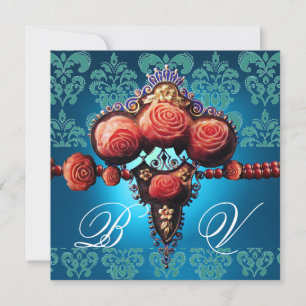 ROTE KORALE ROSE, AQUA BLUE BLACK DAMASK MONOGRAMM EINLADUNG