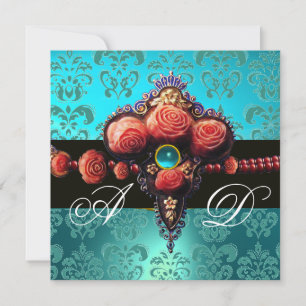 ROTE KORALE ROSE, AQUA BLUE BLACK DAMASK MONOGRAMM EINLADUNG