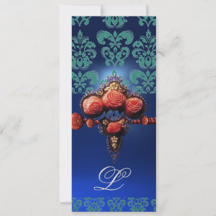 ROTE KORALE ROSE, AQUA BLUE BLACK DAMASK MONOGRAMM EINLADUNG