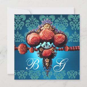 ROTE KORALE ROSE, AQUA BLUE BLACK DAMASK MONOGRAMM EINLADUNG