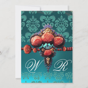 ROTE KORALE ROSE, AQUA BLUE BLACK DAMASK MONOGRAMM EINLADUNG