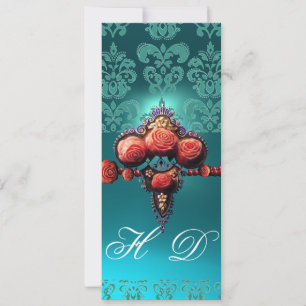 ROTE KORALE ROSE, AQUA BLUE BLACK DAMASK MONOGRAMM EINLADUNG