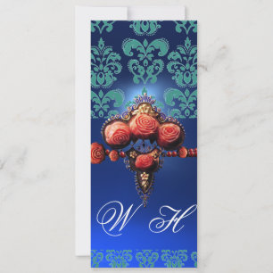 ROTE KORALE ROSE, AQUA BLUE BLACK DAMASK MONOGRAMM EINLADUNG