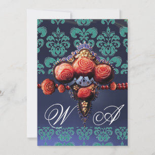ROTE KORALE ROSE, AQUA BLUE BLACK DAMASK MONOGRAMM EINLADUNG