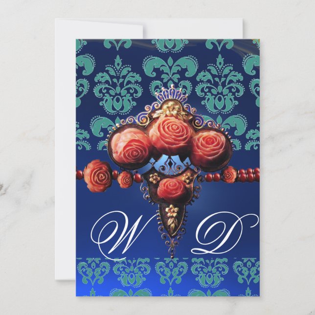 ROTE KORALE ROSE, AQUA BLUE BLACK DAMASK MONOGRAMM EINLADUNG (Vorderseite)