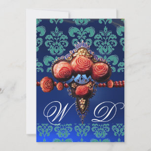 ROTE KORALE ROSE, AQUA BLUE BLACK DAMASK MONOGRAMM EINLADUNG