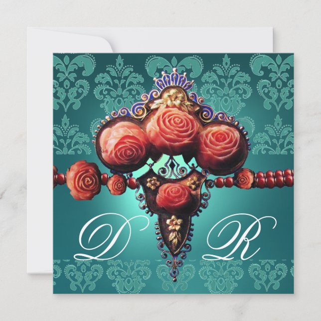 ROTE KORALE ROSE, AQUA BLUE BLACK DAMASK MONOGRAMM EINLADUNG (Vorderseite)