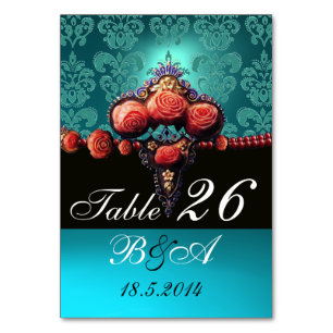 ROTE KORALE ROSE, AQUA BLUE BLACK DAMASK MONOGRAMM TISCHNUMMER