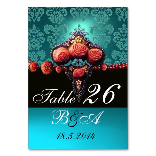 ROTE KORALE ROSE, AQUA BLUE BLACK DAMASK MONOGRAMM TISCHNUMMER (Vorderseite)