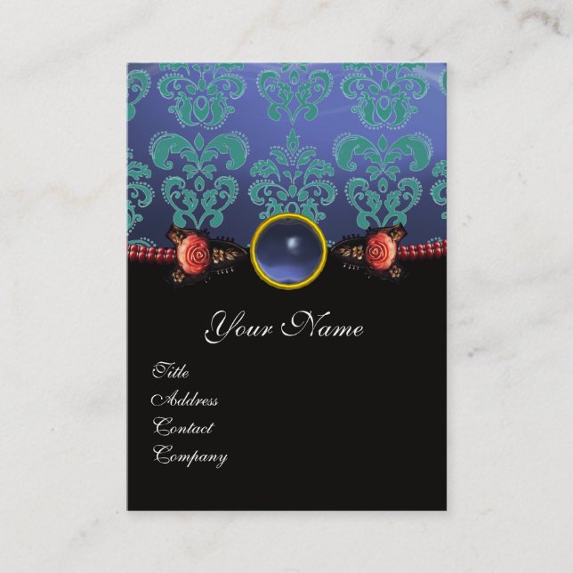 ROTE KORALE ROSE, AQUA BLUE BLACK DAMASK MONOGRAMM VISITENKARTE (Vorderseite)