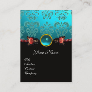 ROTE KORALE ROSE, AQUA BLUE BLACK DAMASK MONOGRAMM VISITENKARTE