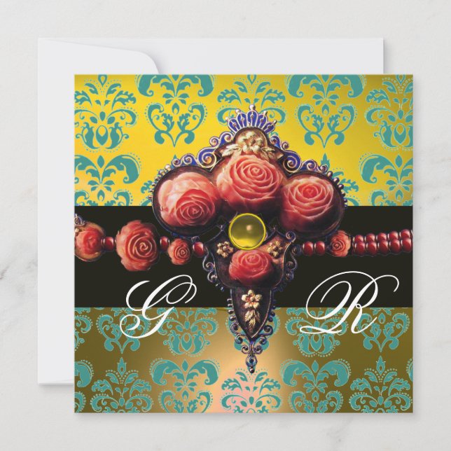 ROTE KORALE ROSE, AQUA BLUE YELLOW DAMASK MONOGRAM EINLADUNG (Vorderseite)