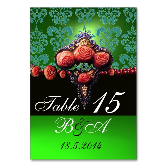ROTE KORALE ROSE, BLACK BLUE GREEN DAMASK MONOGRAM TISCHNUMMER (Rückseite)