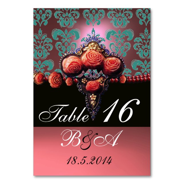ROTE KORALE ROSE, BLACK BLUE PINK DAMASK MONOGRAMM TISCHNUMMER (Vorderseite)