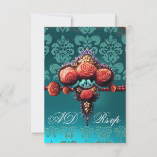 ROTE KORALE ROSE, BLUE BLACK DAMASK MONOGRAMM UAWG RSVP KARTE