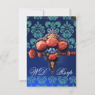 ROTE KORALE ROSE, BLUE BLACK DAMASK MONOGRAMM UAWG RSVP KARTE
