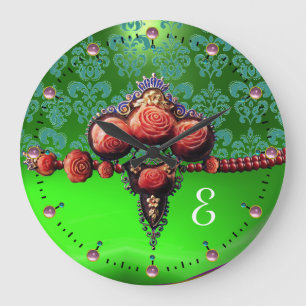 ROTE KORALE ROSE, BLUE EMERALD GREEN DAMASK MONOGR GROßE WANDUHR