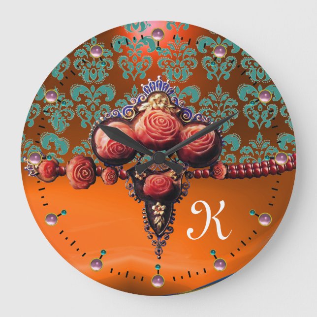 ROTE KORALE ROSE, BLUE ORANGE DAMASK MONOGRAMM GROßE WANDUHR (Vorderseite)