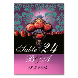 ROTE KORALE ROSE, BLUE PINK LILAC DAMASK MONOGRAMM TISCHNUMMER