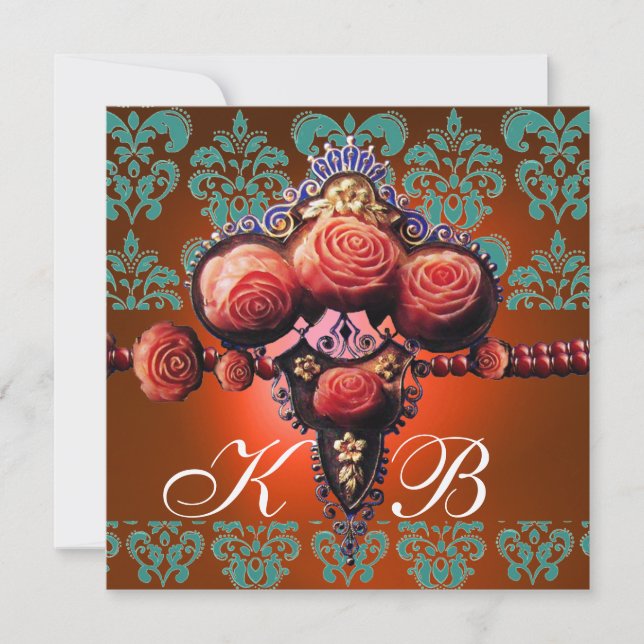 ROTE KORALE ROSE, ORANGE BLAU GOLD DAMASK MONOGRAM EINLADUNG (Vorderseite)