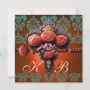 ROTE KORALE ROSE, ORANGE BLAU GOLD DAMASK MONOGRAM EINLADUNG