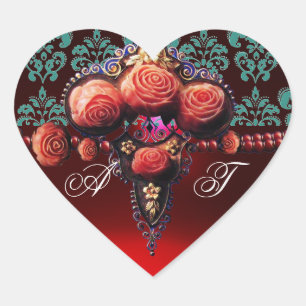 ROTE KORALE ROSE, RUBY DAMASK HERZMONOGRAMM Herz-Aufkleber