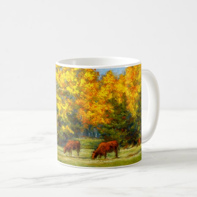 Rote Kühe unter gelber Fall-Baum-Tasse Tasse (VorderseiteRechts)