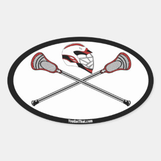 Rote Lacrosse Sticks und Helm Ovaler Aufkleber