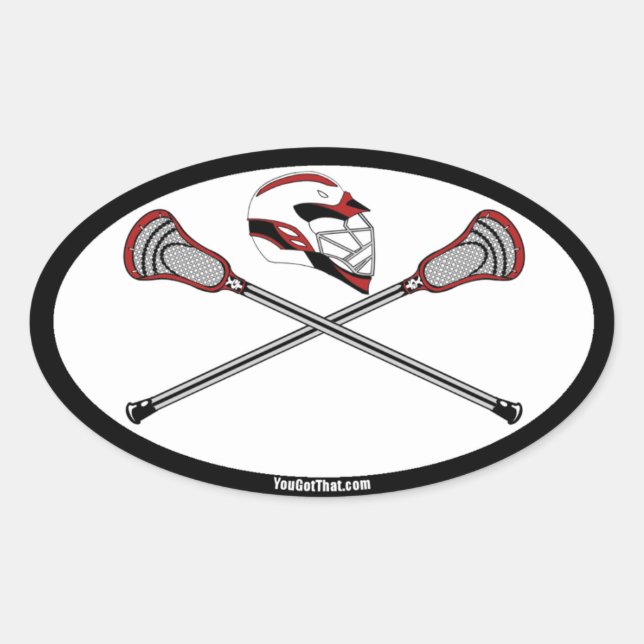 Rote Lacrosse Sticks und Helm Ovaler Aufkleber (Vorderseite)